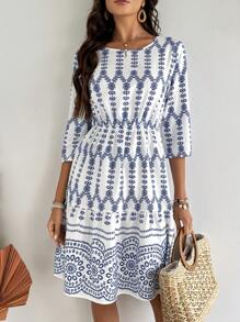 EMERY ROSE Đầm cổ tròn tay ngắn in họa tiết cho nữ, tối giản & thời trang, phù hợp cho mùa hè - Nhiều màu - Xem 7