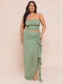 SHEIN BAE New Spring And Summer Plus Size Plus Size Women's Bean Green Gathered Mesh Tube Top, Gathered Slit Mesh Knitted Skirt, Two Pieces Suit, Suit Suitable For Dating, Party, Vacation, Beach, Graduation Season - Green - View 5