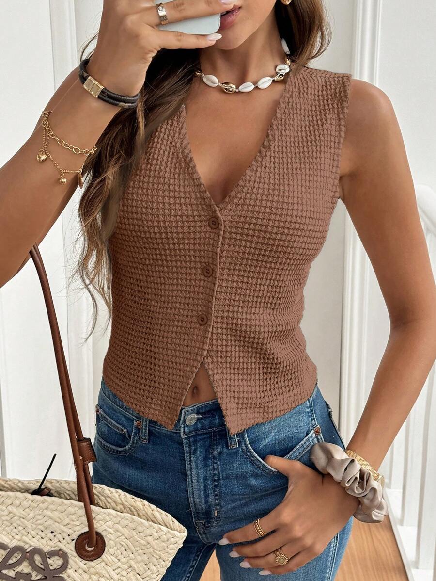 SHEIN Frenchy Áo ba lỗ họa tiết màu trơn đơn giản ngày nghỉ - Hồng - Xem 1