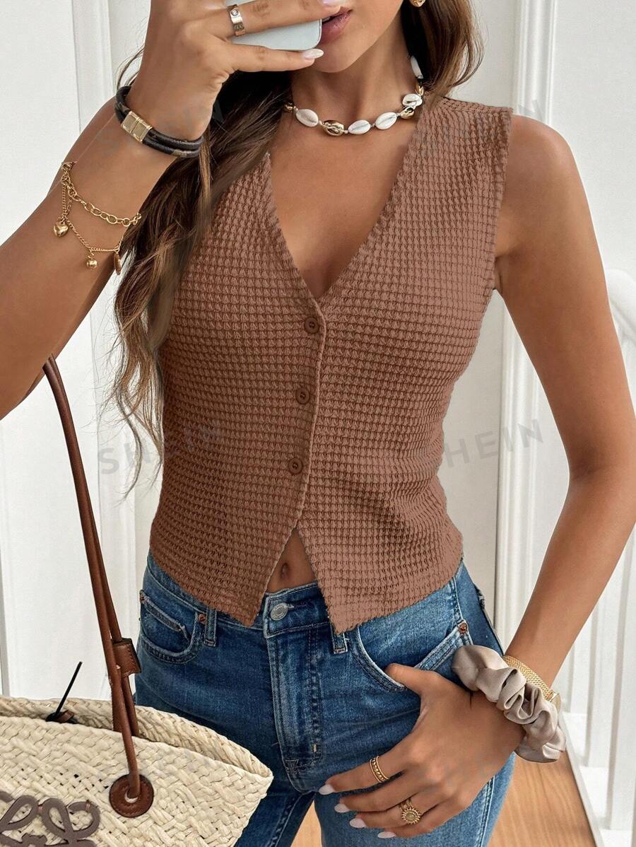 SHEIN Frenchy Top de tirantes de botones con textura de unicolor para vacaciones - Rosa - Ver 1