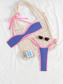 Swim SXY 2 件套女士性感撞色装饰吊带可拆卸肩带丁字裤细肩带比基尼泳装套装 - 彩色 - 查看 4