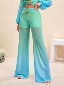 BY FELIZIA Women's Blue Green Gradient Printed Mesh Pleated Wide Belt Starfish Flared Leg Pants Beach Holiday Women Summer Clothes Casual - Multicolor - View 7