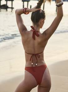 Aralina Vacation Boho Halter Ring Detail Thong Two Pieces Bikini Set With Swim Bag For Summer - Red - View 10