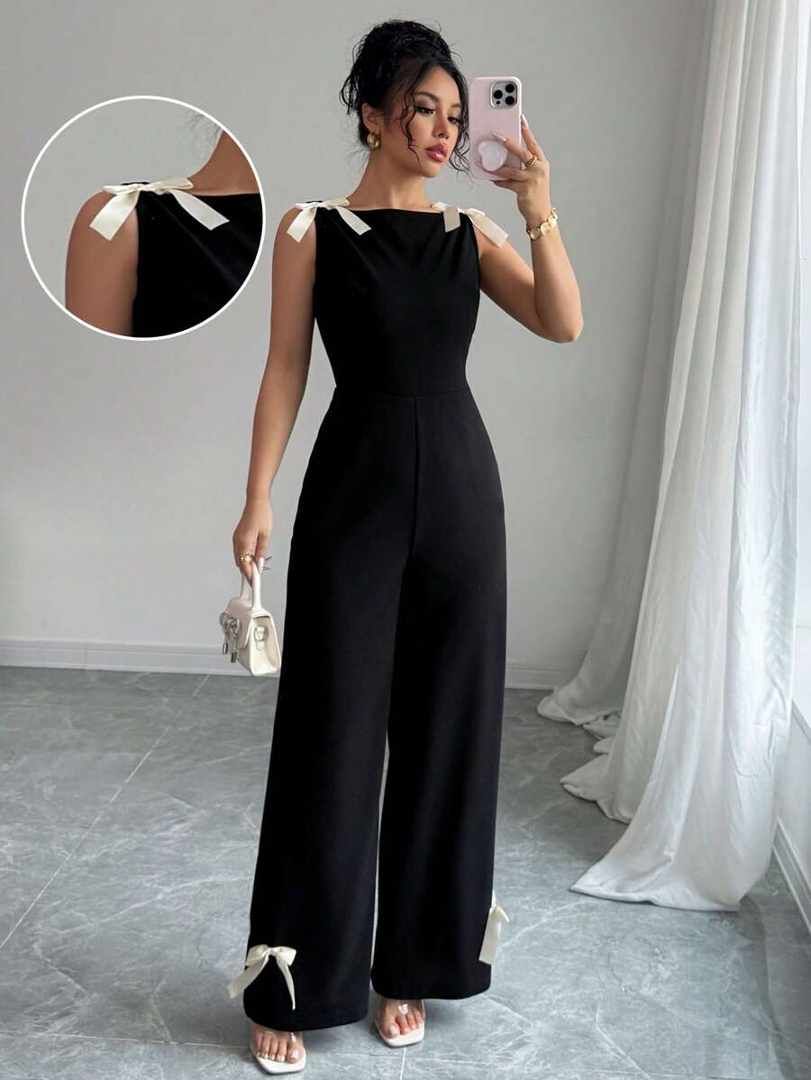 Rafferiza 女士优雅蝴蝶结腰部修身高腰连体裤 - 黑色 - 查看 1