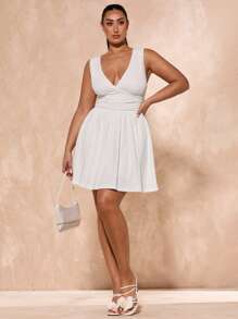 SHEIN BAE Vestido mini de manga larga con cuello en V profundo, volantes en las mangas y cintura, de talla grande, blanco, para uso diario, sexy, otoño e invierno, para boda, salida nocturna, San Valentín, cóctel, fiesta, cita con amigos, reunión familiar, vestido de novia, dama de honor, vestido casual, vestido de graduación blanco, vestido de invitada de boda