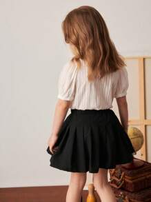 PrepCrw Conjunto de blusa blanca con volantes y falda plisada azul marino estilo escolar de primavera/verano para niñas jóvenes - Blanco y Negro - Ver 2