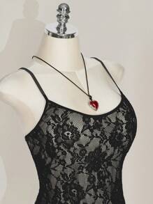 SHEIN ICON Plus Size Round Neck Lace Strap Dress, Double Layer Ruffle Hem Strap Dress, For Music Festival - Black - View 5