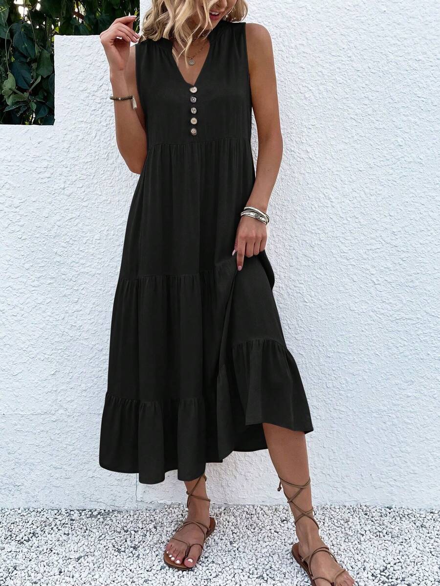 EMERY ROSE Button Detail Layered Hem Smock Dress Maxi Women Outfit - Black - View 1