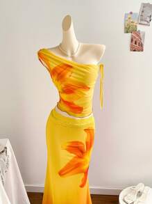 Soleia Set de 2 piezas con top corto de malla de punto con estampado de flores tie-dye y falda larga de estilo cola de sirena, conjunto de atuendo para vacaciones
