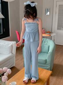 DAZY 2pcs/Set Tween Girls Knit Vest + Pants Two Pieces Outfit, Fall,Back To School Clothes - Blue - View 4