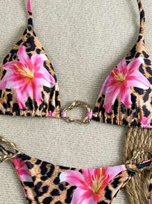 SHEIN New Summer Leopard & Lily Print Random Neck Triangle Cup Swimwear With Drawstring Sides, Beach Vacation Bikini Set - Multicolor - View 4