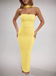 SHEIN BAE Đầm suông cổ yếm xếp ly màu trơn thanh lịch cho nữ - Màu vàng - Xem 4