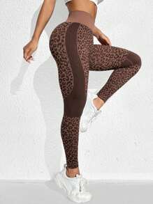 Easithlete 女士豹纹简约运动紧身裤瑜伽裤 - 咖啡棕 - 查看 4