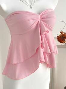Sweetra Romantic Versatile Double Ruffle Twist Bandeau Crop Top