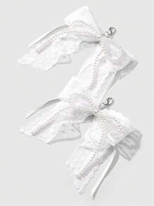 ROMWE Kawaii 2 件/套 韩式简约精致白色仿珍珠串珠蕾丝蝴蝶结鞋饰夹，时尚配饰，适合女性日常穿着和礼物