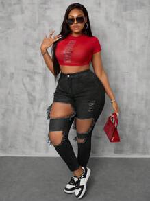Slaydiva Plus Size Women Stretchy Blue Denim Ripped Skinny Jeans Women Spring Old Money - Black - View 6