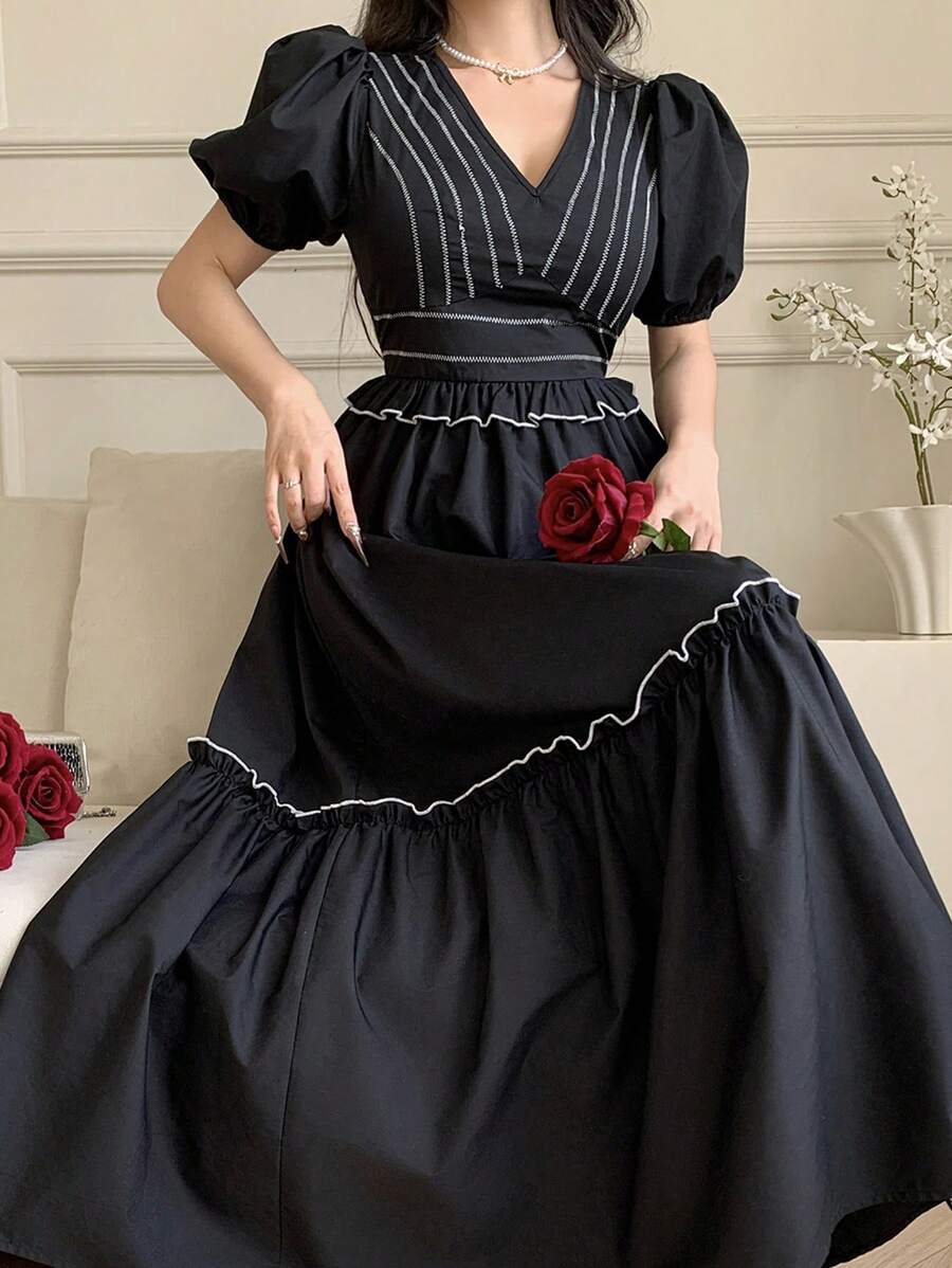 Modelyn Women's Color Block Puff Sleeve Casual Long Dress,Tea Party Dress,Summer Dresses For Women,Summer Outfits For Women,Sun Dress - Black - View 1