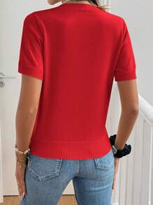 SHEIN Frenchy 女士针织心形图案圆领短袖毛衣，简约时尚 - 紅色 - 查看 2