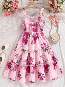 Tween Girl Summer Floral Print Ruffle Hem Dress - Pink - View 2