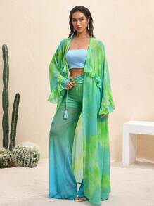 BY FELIZIA 蓝绿色渐变雪纺印花荷叶边垂坠袖和服连衣裙波西米亚风度假连衣裙女式夏季长裙 - 彩色 - 查看 8