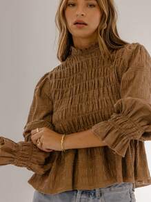 Aralina Blusa de manga larga con fruncidos de estilo boho chic - Marrón Chocolate - Ver 5