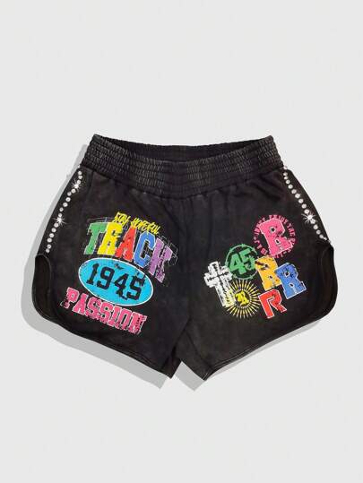 Men's Racing Letter Print Elastic Waist Summer Casual Shorts