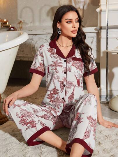 LuxeNights Colorblock Bubble Wrinkle Women's Forest Animal Print Pajama Set Bridallingerie