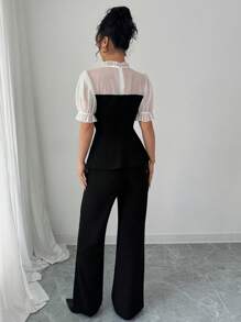 Selianne Chiffon Patchwork Shirt & Flare Leg Pants 2 Pieces Set - Black - View 2