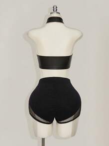 SHEIN ICON 大码黑色纯色渔网短裤