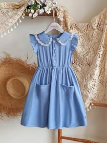 SHEIN Tween Girl Floral Ruffled Neck Cap Sleeve Pocket Dress, Cottage Style - Blue - View 5