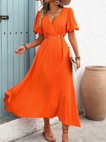 SHEIN Clasi Women's V-Neck Asymmetrical Scallop Cutout Waistline Long Dress With Puff Lantern Sleeves, Casual Resort Style, Spring/Summer - Orange - View 3