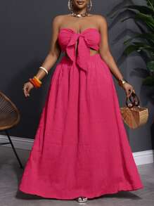 Slaydiva Plus Size Women Textured Bandeau Top And A-Line Midi Skirt 2 Pieces Set For Vacation - Hot Pink - View 5