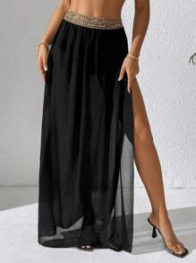 SHEIN Swim Women's Black Lace Waist Split Hem Skirt And Overlay Set, Spring/Summer - Black - View 3