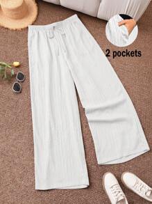 CosyJoli 大码女装新款春夏商务休闲女士海滩情人节风格时尚通勤优雅长裤，口袋长裤，海滩度假薰衣草大学生情人节夏季裤子 - 白色 - 查看 4