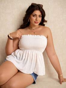 Elaquor Plus Size Solid Color Shirred Bodice Summer Boho Strapless Top - White - View 4