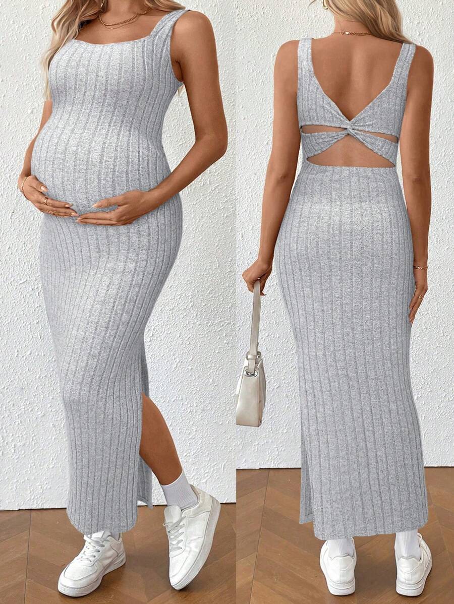 SHEIN 孕妇夏季休闲纯色扭背连衣裙 - 淺灰色 - 查看 1