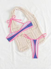 Swim SXY 2 件套女士性感撞色装饰吊带可拆卸肩带丁字裤细肩带比基尼泳装套装 - 彩色 - 查看 2