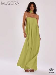 MUSERA Đầm maxi xếp ly dáng rộng, kiểu quây ngực, thích hợp cho kỳ nghỉ hè, lễ tốt nghiệp, dạ hội, dự tiệc cưới ở Ibiza, đi biển, mùa thu, buổi tối hẹn hò, thanh lịch, đầm dài mùa thu. - Màu xanh Ô liu - Xem 2