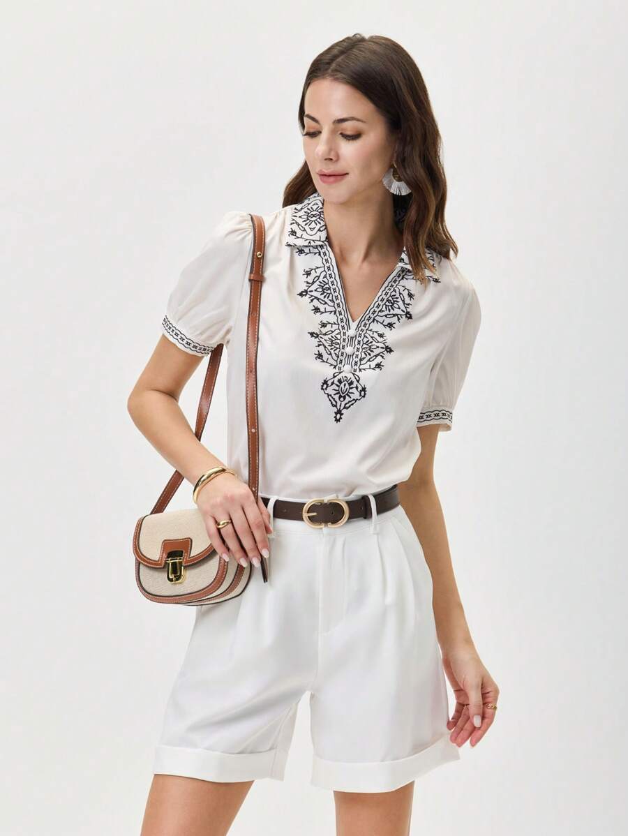 Miaspire Women's Vacation Casual Puff Sleeve Printed Shirt, Fall Women Clothes - Khaki - View 1