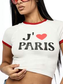 SUMWON WOMEN Camiseta corta de verano estilo retro con estampado de corazón y texto "J'aime Paris" en francés. Prenda casual de manga corta, ideal para festivales, viajes y uso diario.