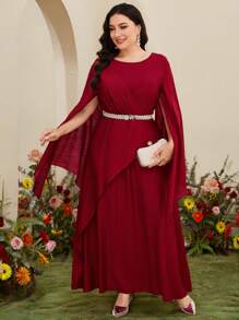 Modelyn Gaun Elegan Wanita Ukuran Besar Gaya Arab Warna Polos Leher Bulat Belahan Lengan Panjang - Burgundy - View 1