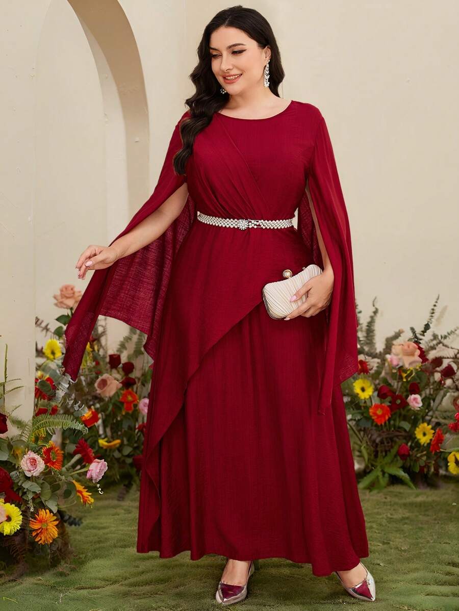 Modelyn Gaun Elegan Wanita Ukuran Besar Gaya Arab Warna Polos Leher Bulat Belahan Lengan Panjang - Burgundy - View 1