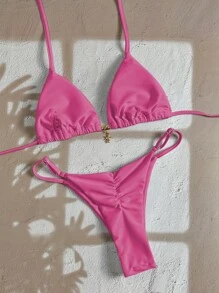 Swim Chiccia 女士夏季纯色金属吊坠泳衣套装带吊带性感丁字裤比基尼 - 玫紅色 - 查看 2
