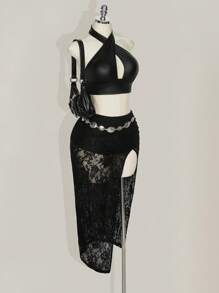 SHEIN ICON Plus Size Lace Ruched High Slit Skirt, Suitable For Music Festival And Party - Black - View 5