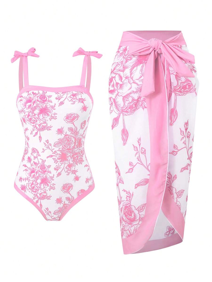 Sparklyn 少女花卉印花泳衣搭配比基尼上衣和纱笼裙,度假风格(随机印花) - 彩色 - 查看 1