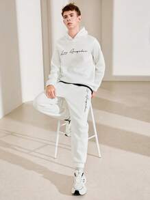 SHEIN Leap Crew 2 件青少年男童休闲百搭保暖手写字母印花针织连帽衫和裤子套装，适合派对、学校、郊游、聚会、秋冬季，保暖内衬，加厚 - 白色 - 查看 7