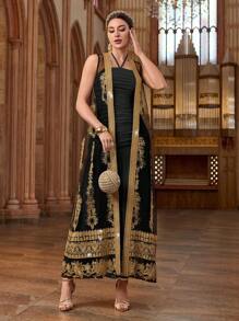 Al Najma Women's Elegant Spring/Summer Mesh Robe With Neck Tie, Arabic Style Set - Black - View 7