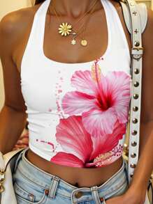 SHEIN EZwear Áo ba lỗ cổ yếm in hoa giản dị dành cho nữ, phù hợp cho mùa hè - trắng - Xem 1