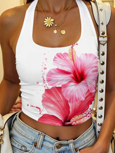 SHEIN EZwear Women Casual Floral Printed Halter Neck Slim Fit Camisole Tank Top, Suitable For Summer