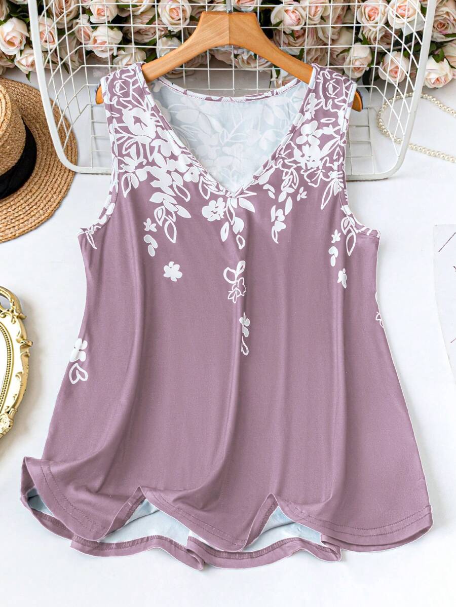 加大花卉印花背心 适合夏季图案 T 恤 女式上衣